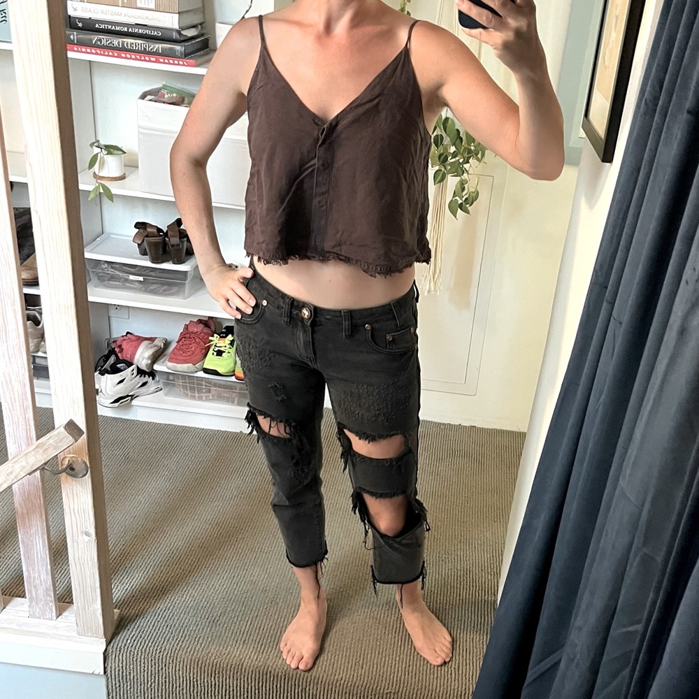 YFB Brown Linen Loose Frayed Crop Top